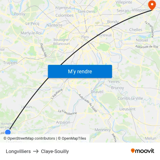 Longvilliers to Claye-Souilly map