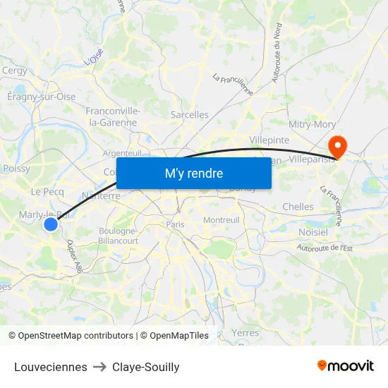 Louveciennes to Claye-Souilly map