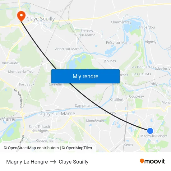 Magny-Le-Hongre to Claye-Souilly map