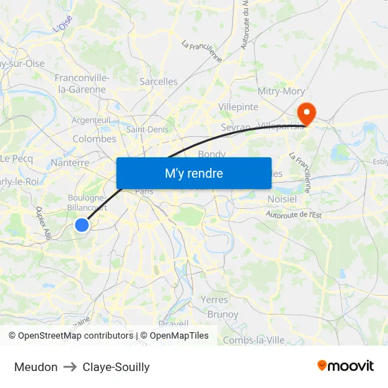 Meudon to Claye-Souilly map