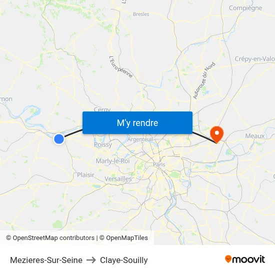 Mezieres-Sur-Seine to Claye-Souilly map
