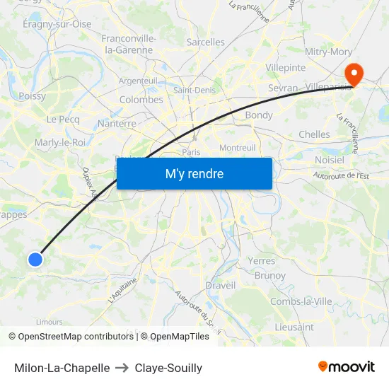 Milon-La-Chapelle to Claye-Souilly map