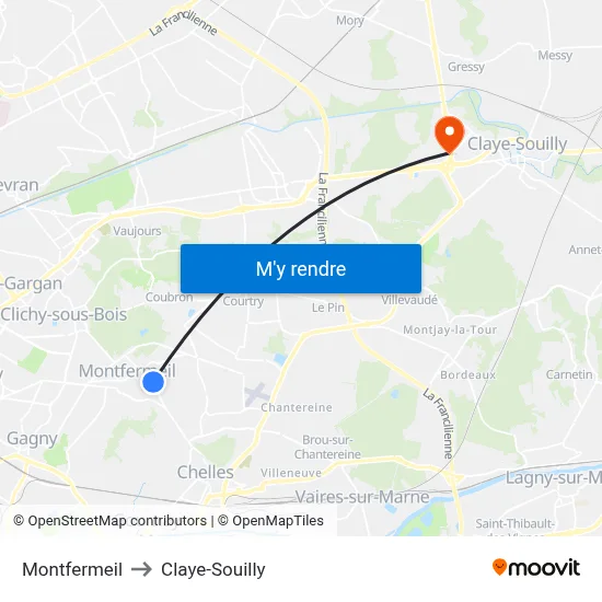 Montfermeil to Claye-Souilly map