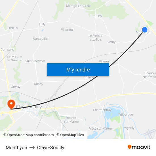 Monthyon to Claye-Souilly map