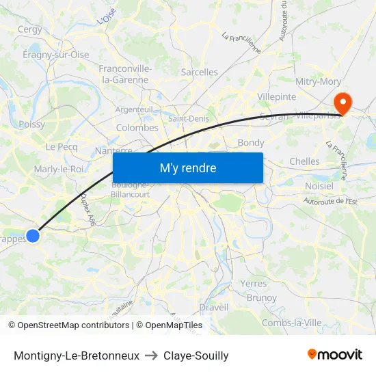 Montigny-Le-Bretonneux to Claye-Souilly map
