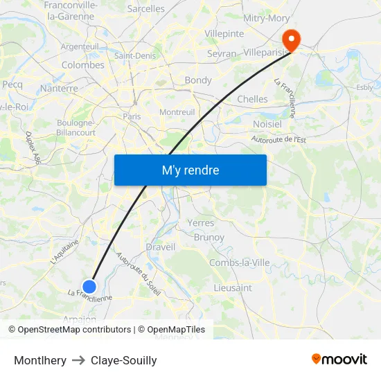Montlhery to Claye-Souilly map