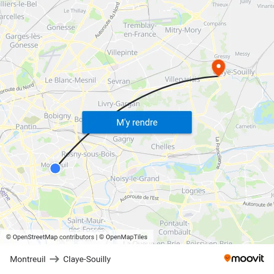 Montreuil to Claye-Souilly map