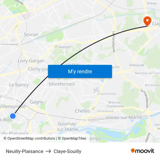 Neuilly-Plaisance to Claye-Souilly map