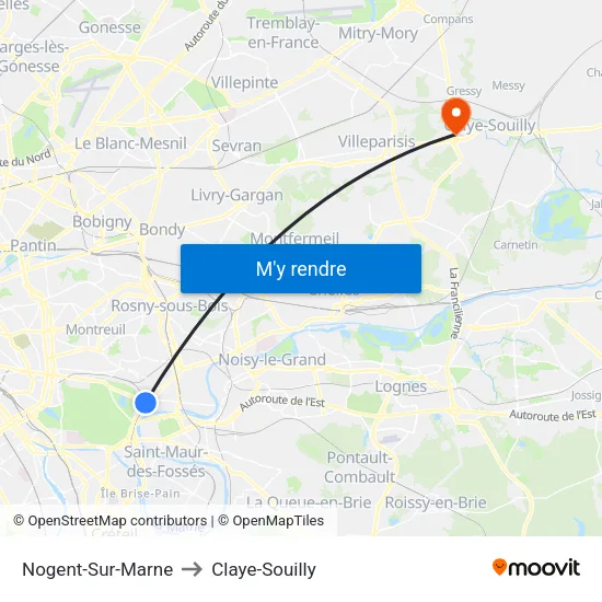 Nogent-Sur-Marne to Claye-Souilly map