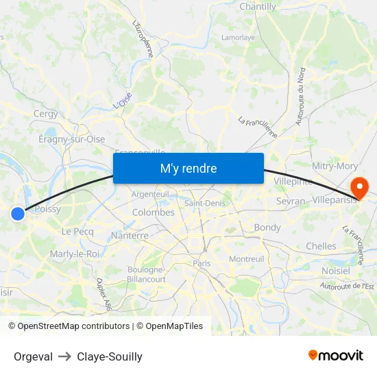Orgeval to Claye-Souilly map