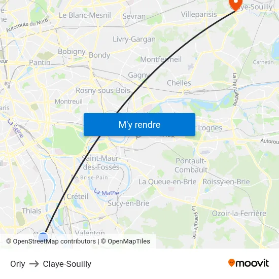 Orly to Claye-Souilly map