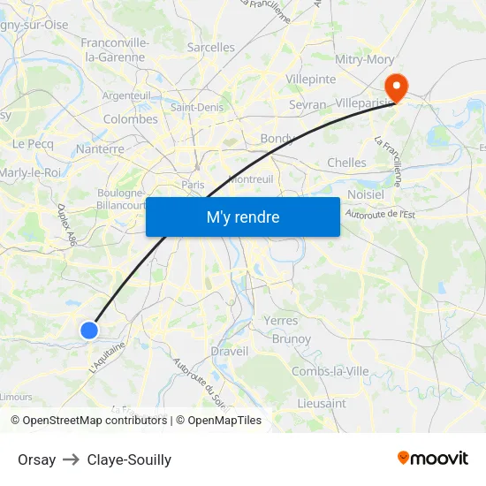 Orsay to Claye-Souilly map