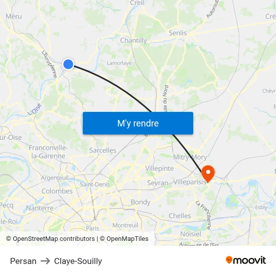Persan to Claye-Souilly map