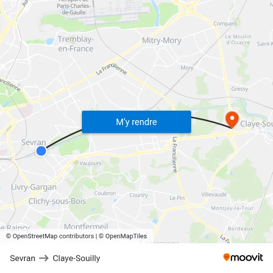 Sevran to Claye-Souilly map
