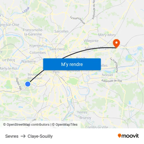 Sevres to Claye-Souilly map
