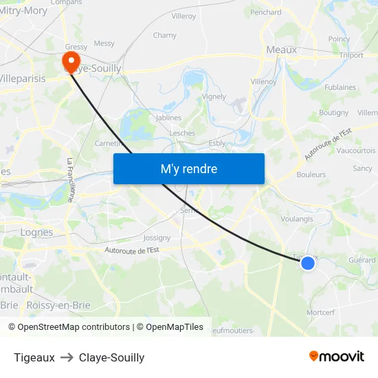 Tigeaux to Claye-Souilly map