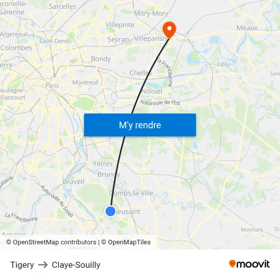 Tigery to Claye-Souilly map