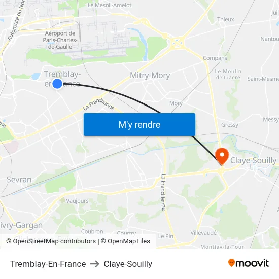 Tremblay-En-France to Claye-Souilly map