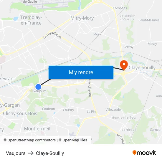 Vaujours to Claye-Souilly map