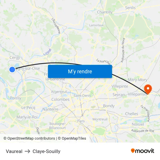 Vaureal to Claye-Souilly map