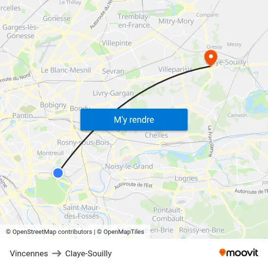 Vincennes to Claye-Souilly map
