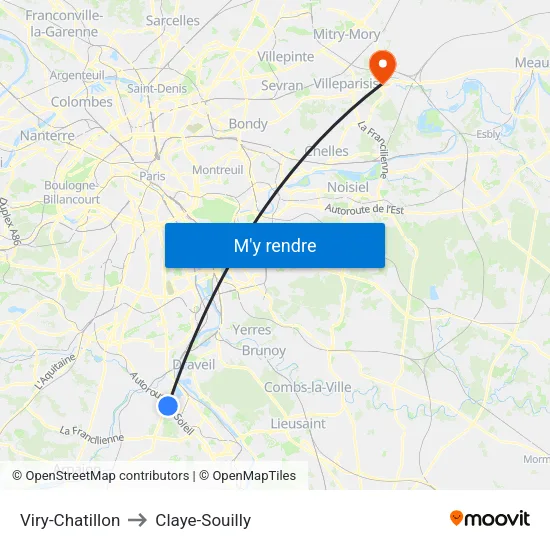 Viry-Chatillon to Claye-Souilly map