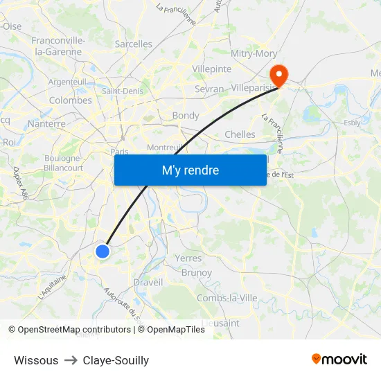 Wissous to Claye-Souilly map