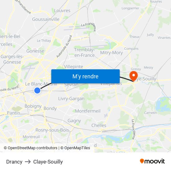 Drancy to Claye-Souilly map