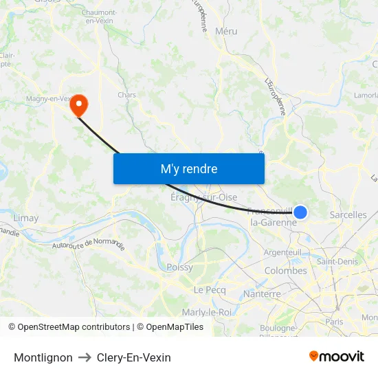 Montlignon to Clery-En-Vexin map