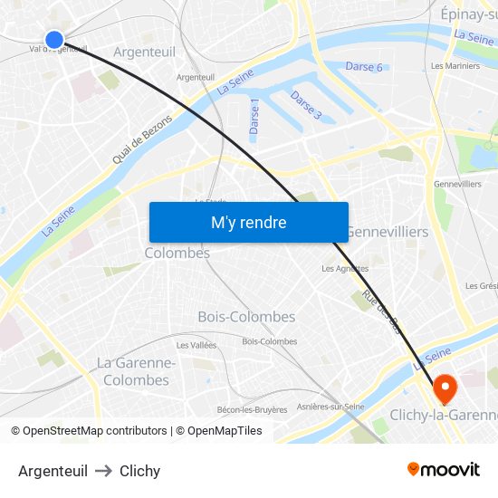 Argenteuil to Clichy map