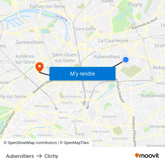 Aubervilliers to Clichy map