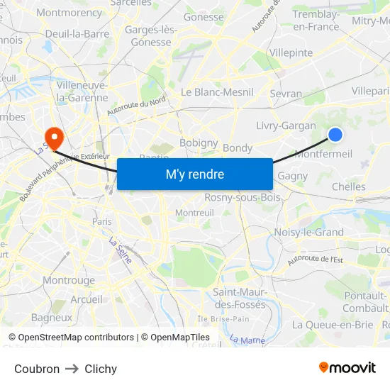 Coubron to Clichy map