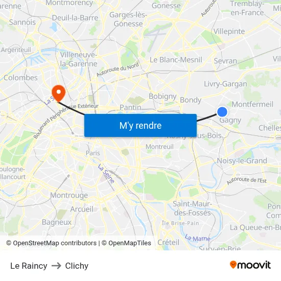 Le Raincy to Clichy map