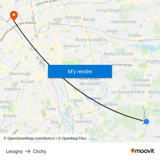 Lesigny to Clichy map