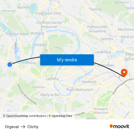 Orgeval to Clichy map
