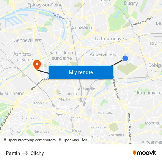 Pantin to Clichy map