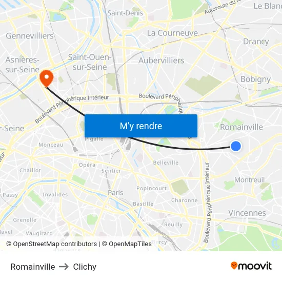 Romainville to Clichy map