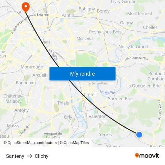 Santeny to Clichy map