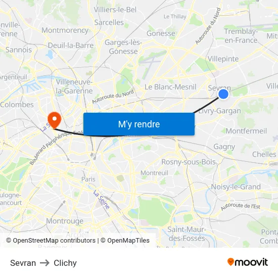 Sevran to Clichy map