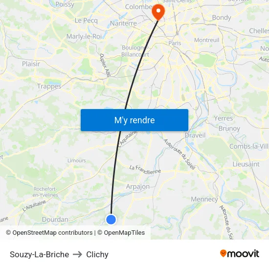 Souzy-La-Briche to Clichy map