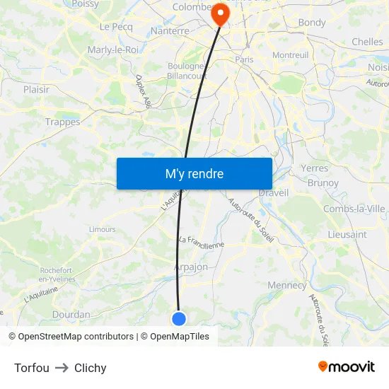 Torfou to Clichy map