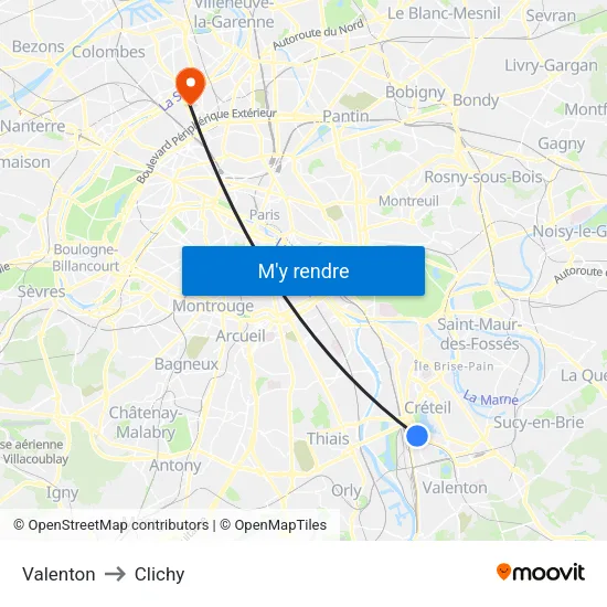Valenton to Clichy map