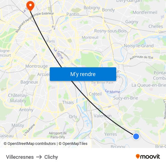 Villecresnes to Clichy map