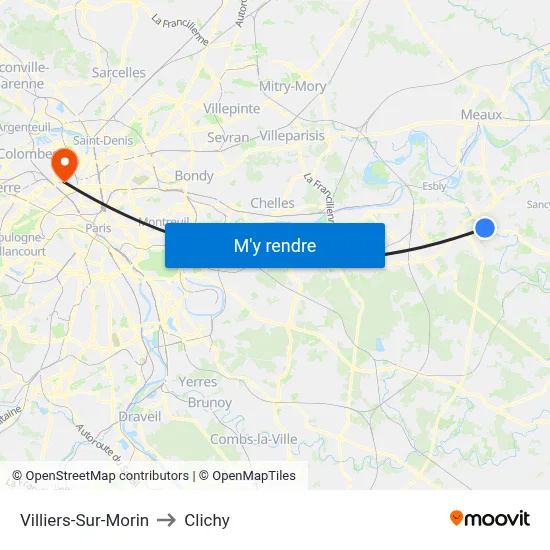 Villiers-Sur-Morin to Clichy map