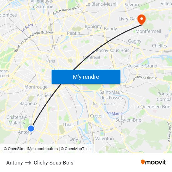 Antony to Clichy-Sous-Bois map