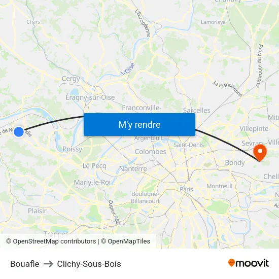 Bouafle to Clichy-Sous-Bois map