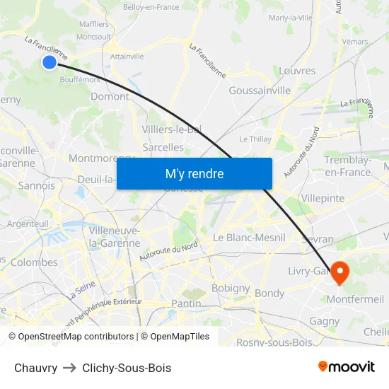 Chauvry to Clichy-Sous-Bois map