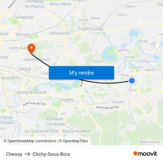Chessy to Clichy-Sous-Bois map