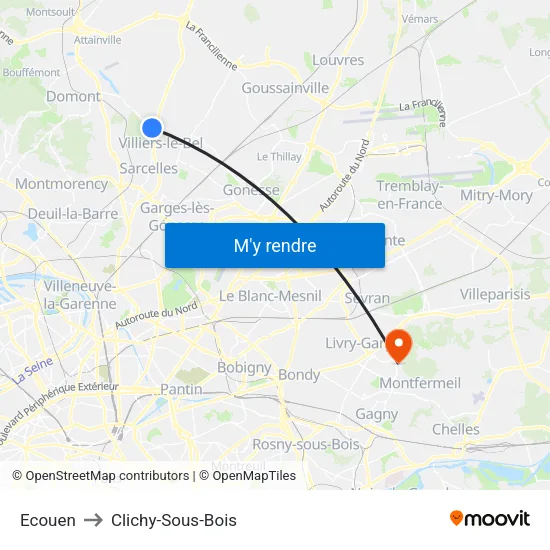 Ecouen to Clichy-Sous-Bois map