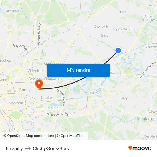 Etrepilly to Clichy-Sous-Bois map